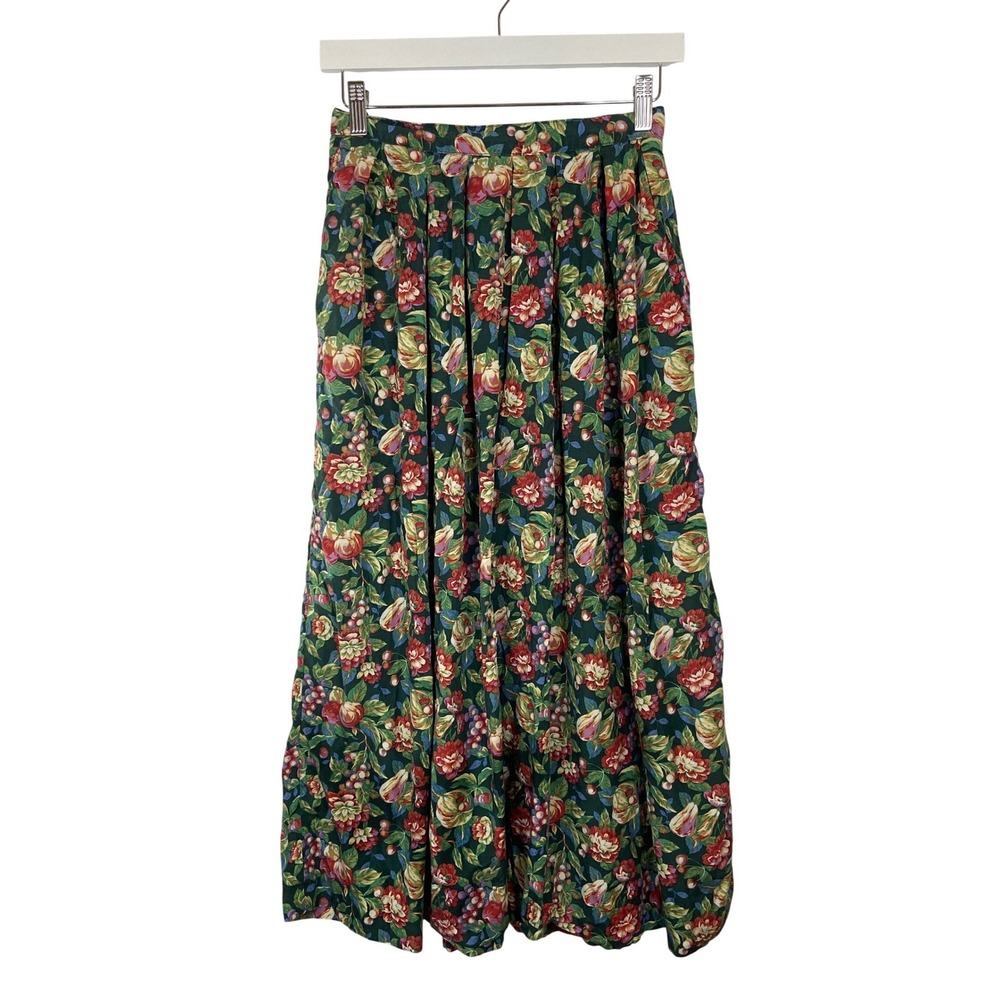 Susan Bristol Vintage Floral Fruit Print Rayon‎ Maxi Skirt Green Size 8 Pleated